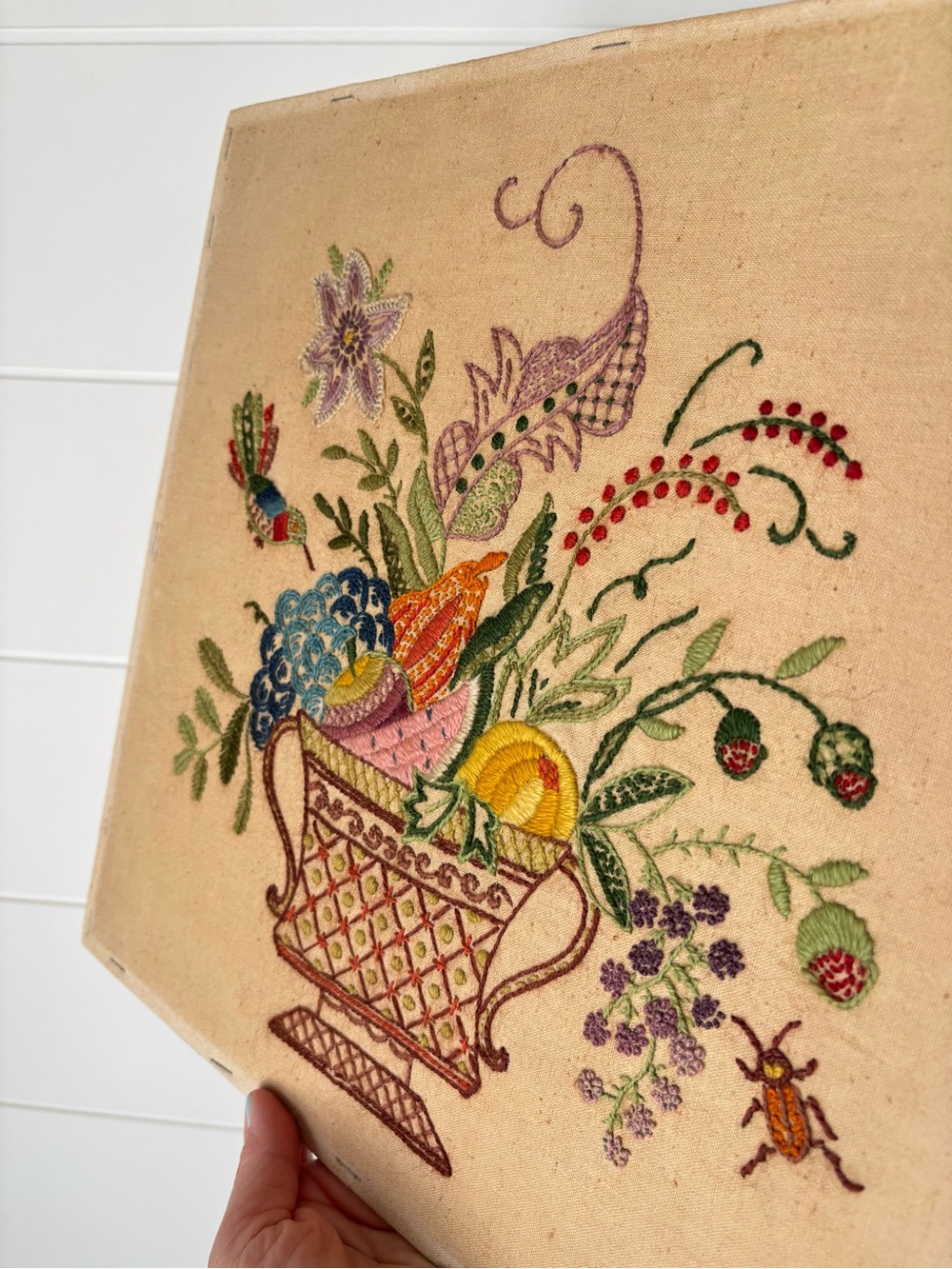 Vintage Hand-Embroidered Needlepoint Floral Fruit Basket Wall Art 14" x 14" - Picture 13 of 17